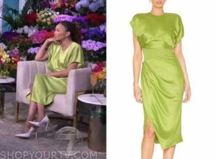 The Real: May 2022 Jeannie Mai's Green Satin Slit Midi Dress | Shop Your TV