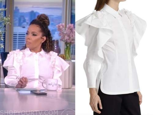 The View: May 2022 Sunny Hostin's White Ruffle Petal Floral Shirt ...