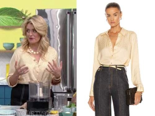 the good dish, daphne oz, yellow chain satin shirt blouse