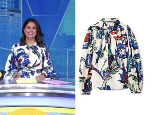 cecilia vega, good morning america, white and blue floral tie neck blouse