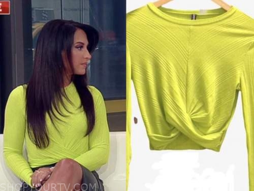 emily compagno, outnumbered, yellow twist knit top