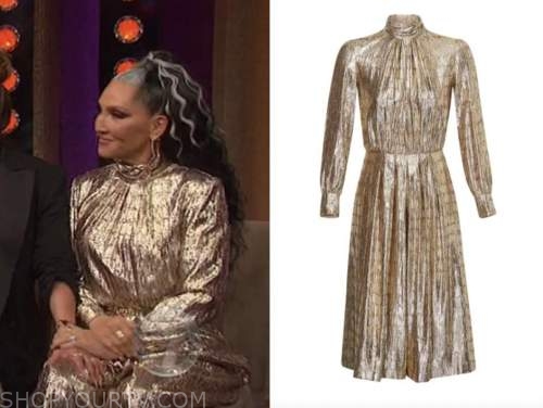 the wendy williams show, michelle visage, metallic gold mock neck jumpsuit dress,