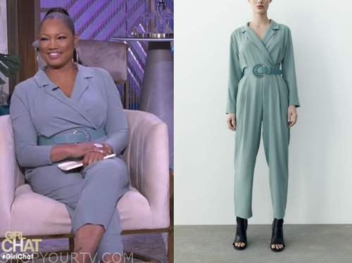 the real, garcelle beauvais, blue belted jumpsuit