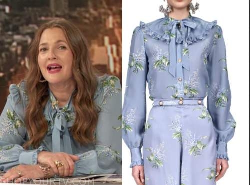 drew barrymore, drew barrymore show, blue floral ruffle blouse