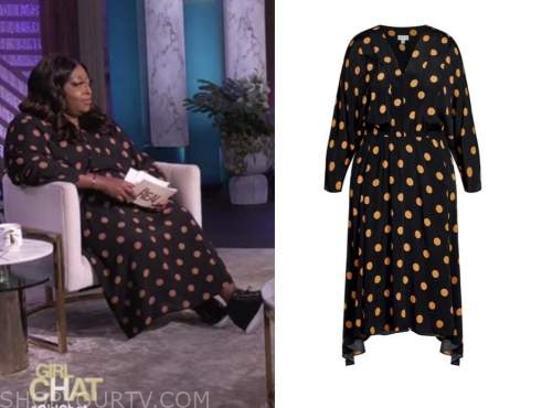 the real, loni love, black and orange polka dot dress