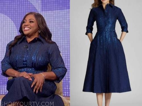 sherri shepherd, the wendy williams show, blue jacquard metallic shirt dress