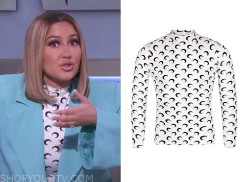 the real, adrienne bailon, adrienne houghton, white moon print mock neck top