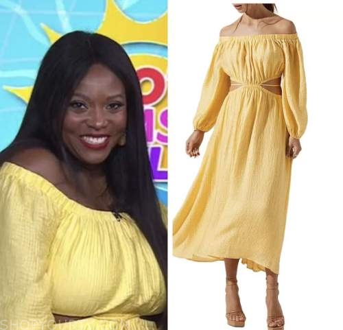 the today show, hoda and jenna, melissa chataigne, yellow off-the-shoulder dress
