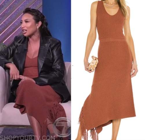 the real, jeannie mai, rust orange ribbed knit tassel dress
