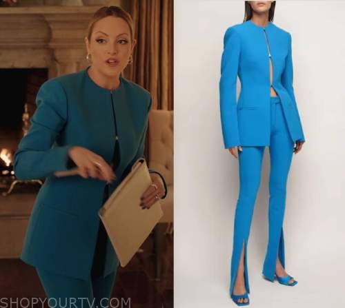 Dynasty: Season 5 Episode 13 Fallon's Blue Collarless Blazer and Ankle Slit  Trousers | Fashion, Clothes, Outfits and Wardrobe on | Shop Your TV