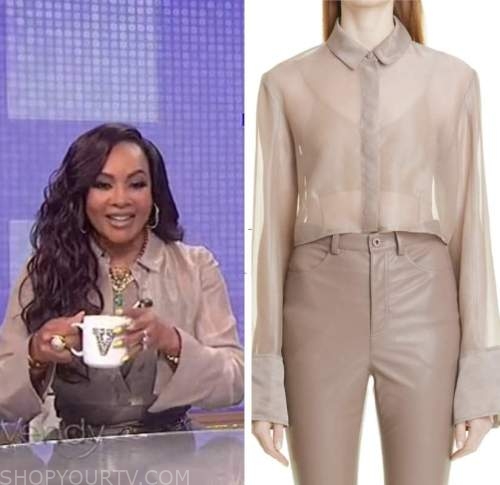 wendy williams show, vivica a. fox, beige sheer crop shirt top