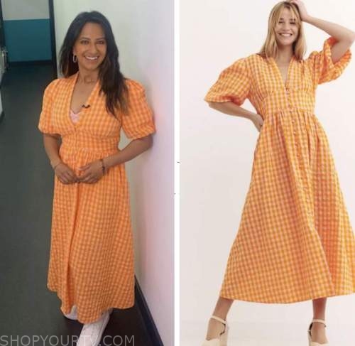 lorraine, ranvir singh, orange gingham check midi dress