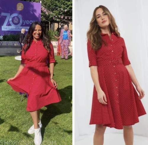 ranvir singh, lorraine, red polka dot shirt dress