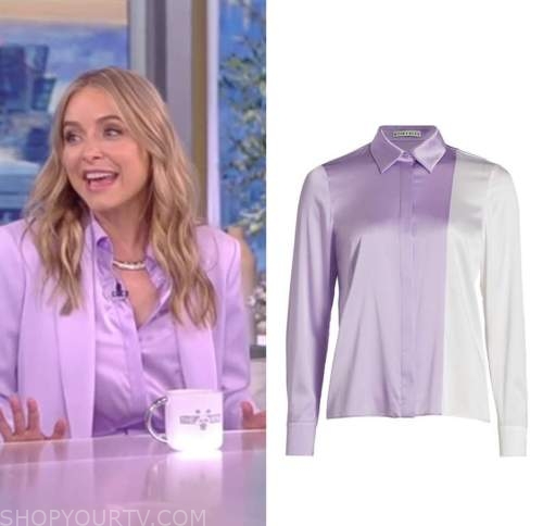 jenny mollen, the view, purple silk colorblock shirt