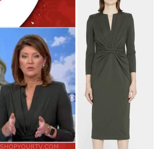 cbs evening news, norah o'donnell, green gathered dress