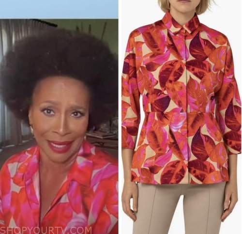 tamron hall show, red and pink leaf print shirt, jenifer lewis
