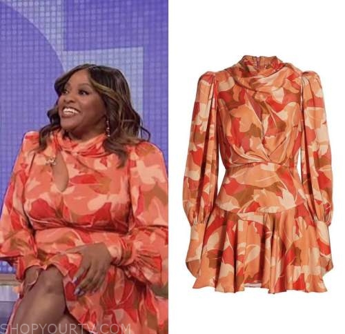 sherri shepherd, the wendy williams show, red and orange printed dress