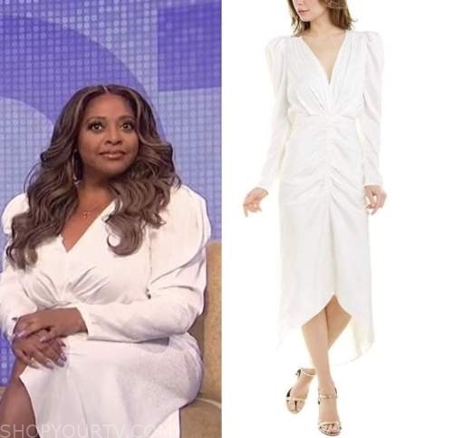 the wendy williams show, sherri shepherd, white jacquard puff sleeve midi dress
