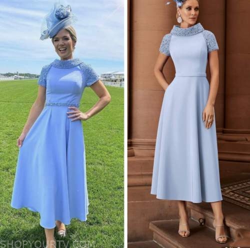 good morning britain, blue roll neck embellished midi dress, charlotte hawkins, good morning britain
