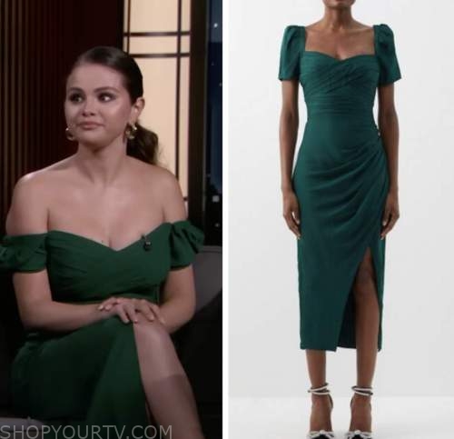 jimmy kimmel, selena gomez, green midi dress