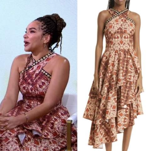 Emmy Raver-Lampman, good morning america, brown halter print dress