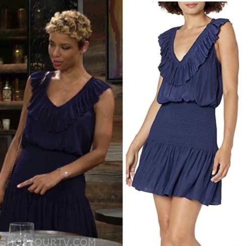 elena dawson, brytni sarpy, elena dawson, blue ruffle dress