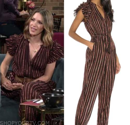 elizabeth hendrickson, metallic stripe ruffle jumpsuit, Chloe mitchell, the young and the restless