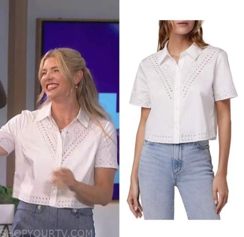 The Talk: July 2022 Amanda Kloots's White Eyelet Crop Shirt | Fashion ...