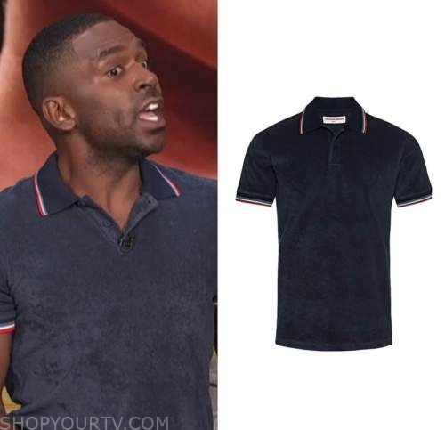 justin sylvester, E! news, daily pop, blue terry cloth polo shirt