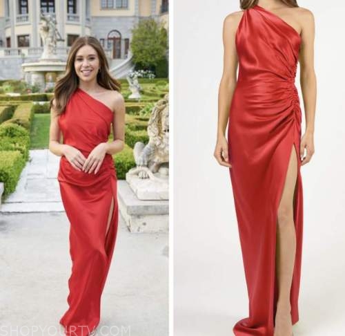 the bachelorette, gabby windey, red satin one-shoulder gown dress