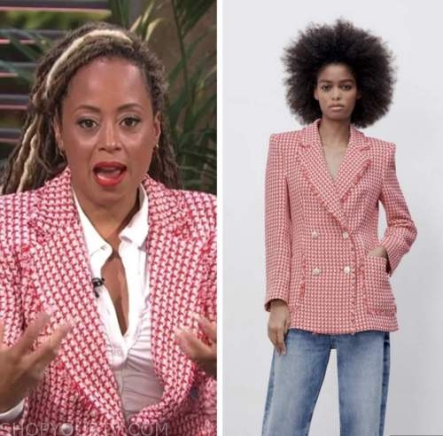 essence atkins, E! news, daily pop, red tweed blazer
