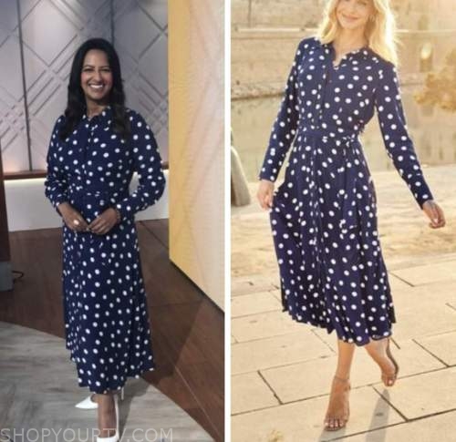 ranvir singh, good morning britain, blue polka dot shirt dress