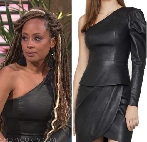 essence atkins, e! news, daily pop, black leather one-shoulder top