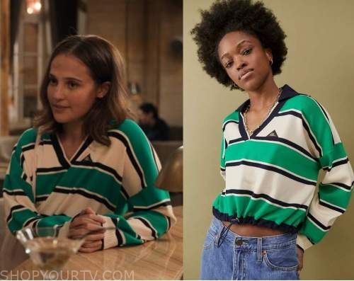 Irma Vep: Season 1 Episode 5 Mira's Green V Neck Striped Sweater