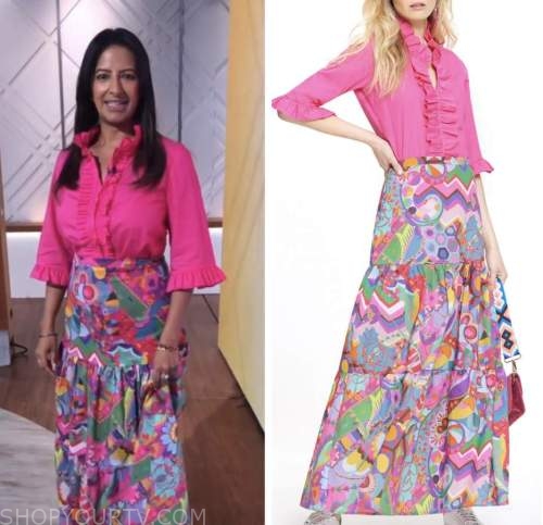 ranvir singh, lorraine, pink blouse, printed maxi skirt