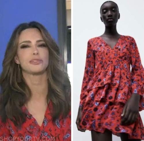 extra, red floral tiered dress, jennifer lahmers