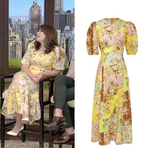 katie lowes, yellow patchwork floral midi dress, live with kelly and ryan