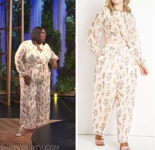 loni love, E! news, daily pop, beige floral shirt and pants set