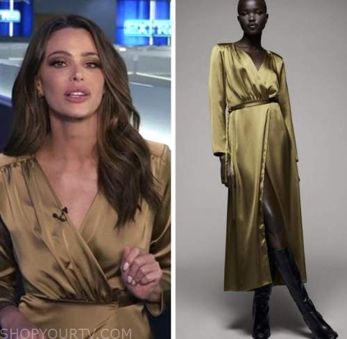 extra, jenn lahmers, gold green satin wrap dress