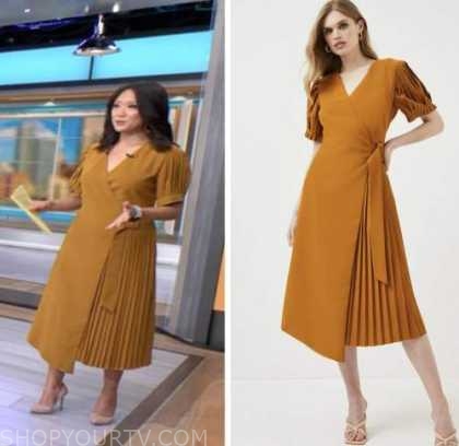 CBS Mornings: August 2022 Nancy Chen's Mustard Yellow Wrap Pleated ...