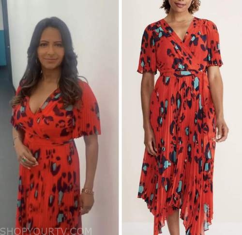 lorraine, red leopard pleated midi dress, ranvir singh