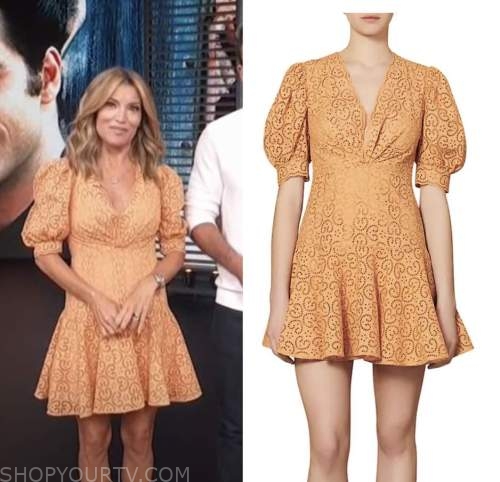 access hollywood, kit hoover, orange lace dress, clear sandals