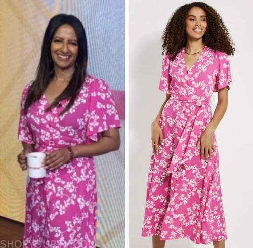 ranvir singh, pink floral wrap dress, lorraine