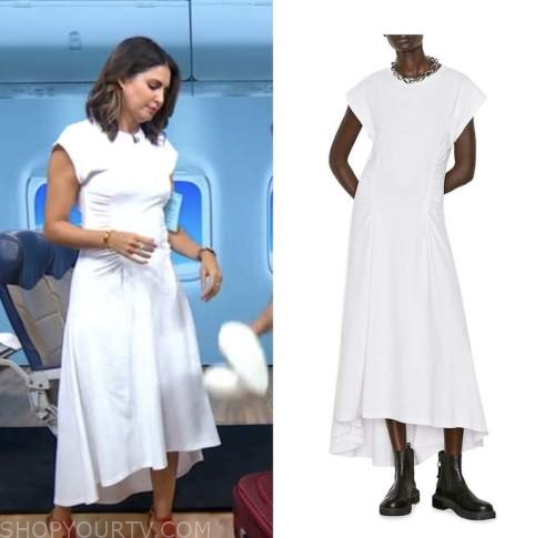 good morning america, cecilia vega, white ruched midi dress