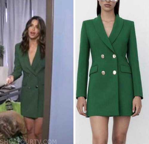 extra, green blazer dress, jennifer lahmers