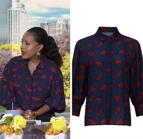 the today show, sheinelle jones, navy and red printed blouse