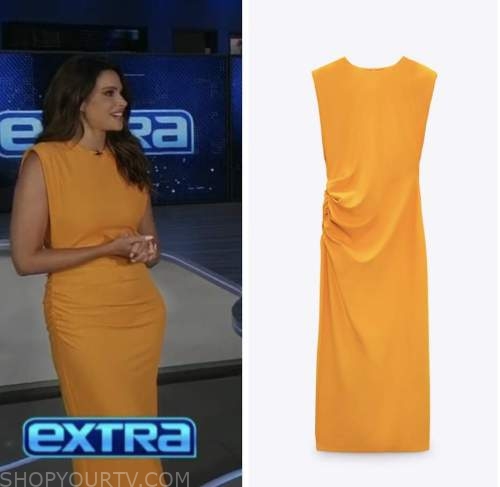 extra, jenn lahmers, orange midi dress