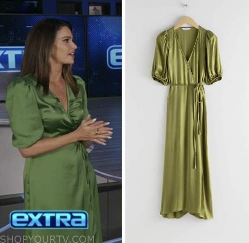 extra, jennifer lahmers, green wrap maxi dress
