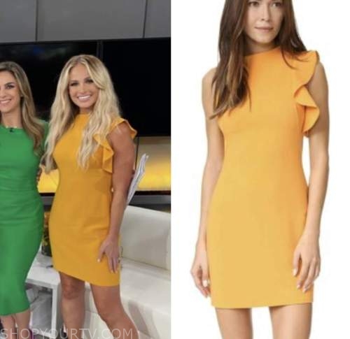 tomi lahren, outnumbered, orange ruffle sheath dress