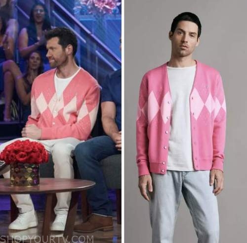 Billy Eichner, men tell all, the bachelorette, pink argyle cardigan sweater